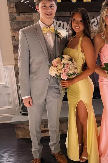 Halter Mermaid Yellow Satin Prom Dress Open Back Formal Evening Gown  P1144