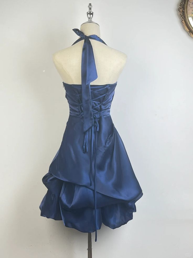 Halter Navy Blue A Line Homecoming Dress Short Party Dress  P1532