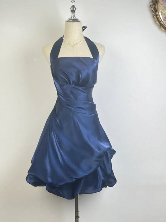 Halter Navy Blue A Line Homecoming Dress Short Party Dress  P1532