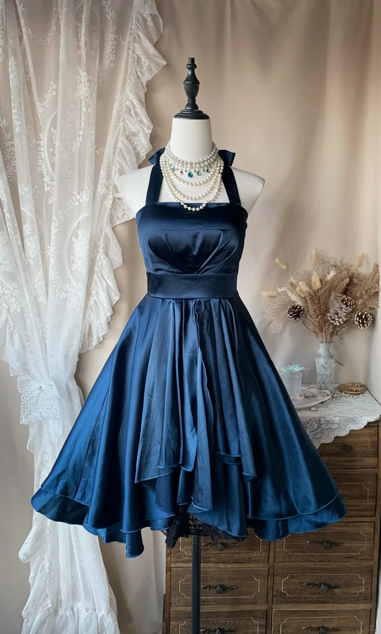 Halter Navy Blue A Line Satin Short Dress Formal Party Dress  P1091