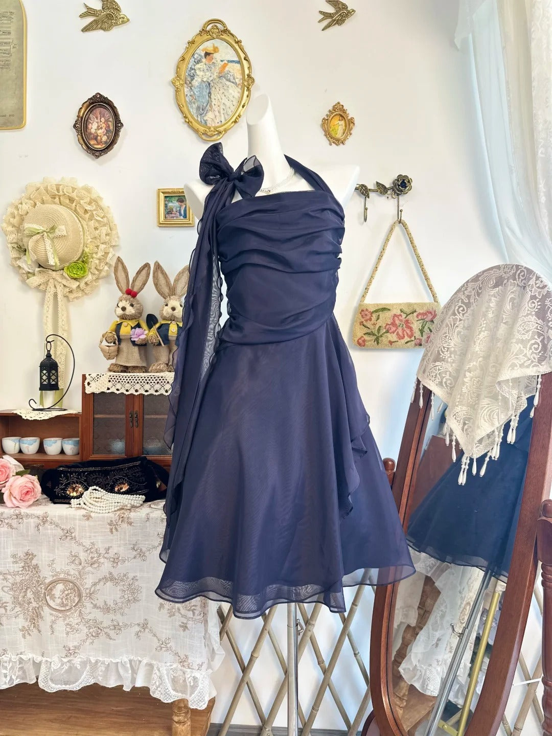 Halter Navy Blue Homecoming Dress Retro Birthday Dress   P2132