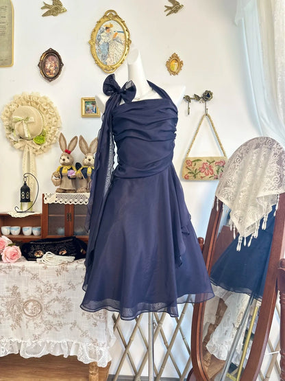 Halter Navy Blue Homecoming Dress Retro Birthday Dress   P2132