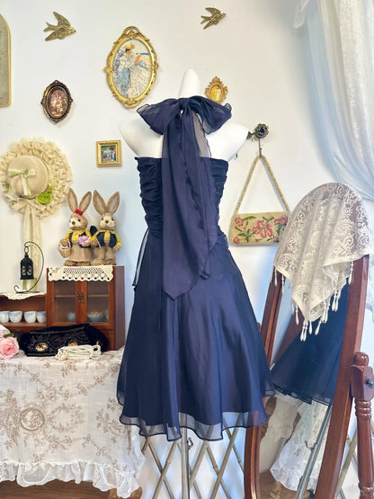 Halter Navy Blue Homecoming Dress Retro Birthday Dress   P2132