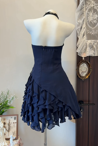 Halter Navy Blue Ruffled Short Birthday Dress A Line Homecoming Dress   P2645