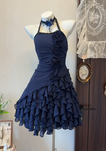 Halter Navy Blue Ruffled Short Birthday Dress A Line Homecoming Dress   P2645
