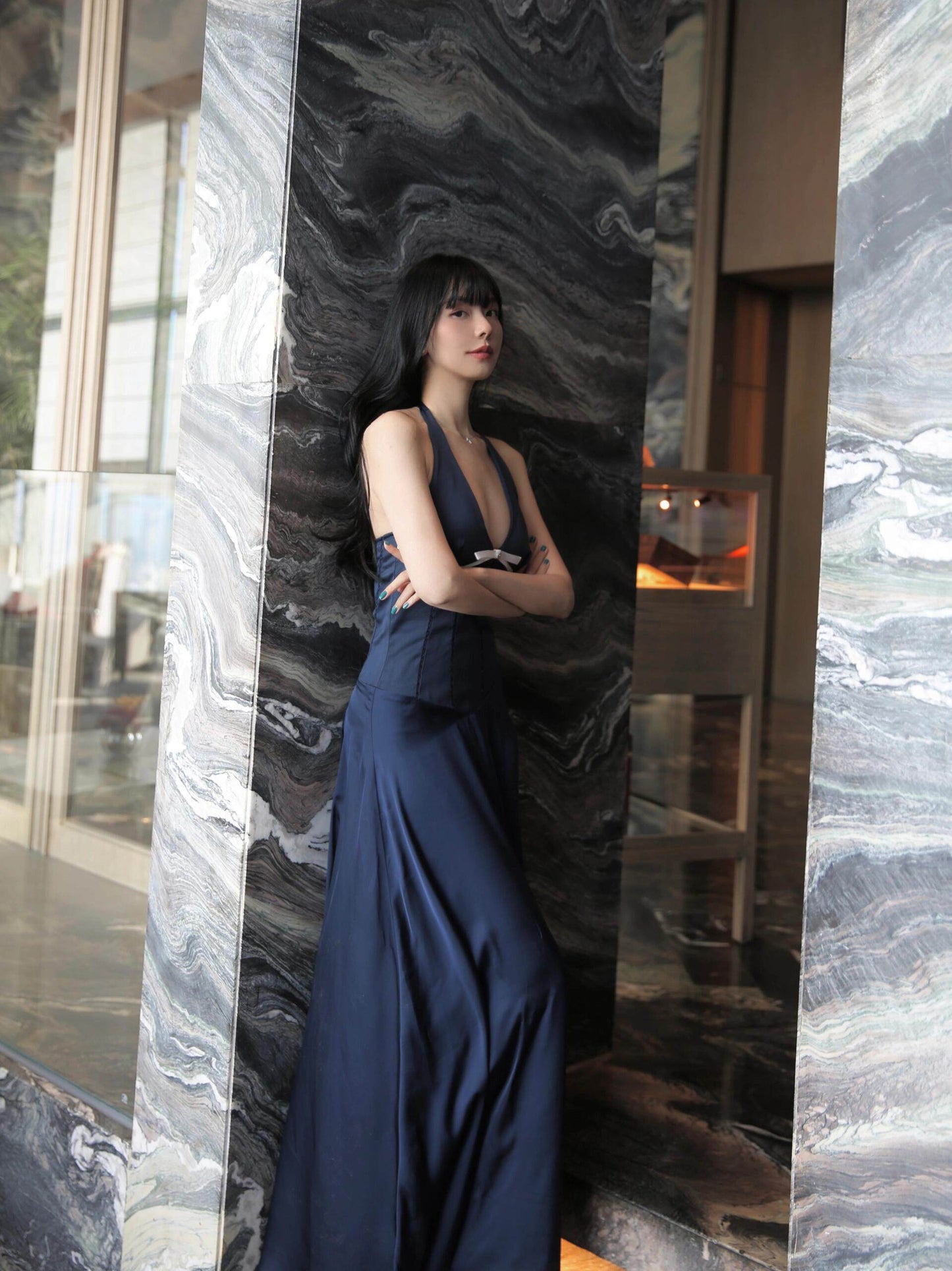 Halter Navy Blue Satin Prom Dress Sexy Birthday Dress  P767