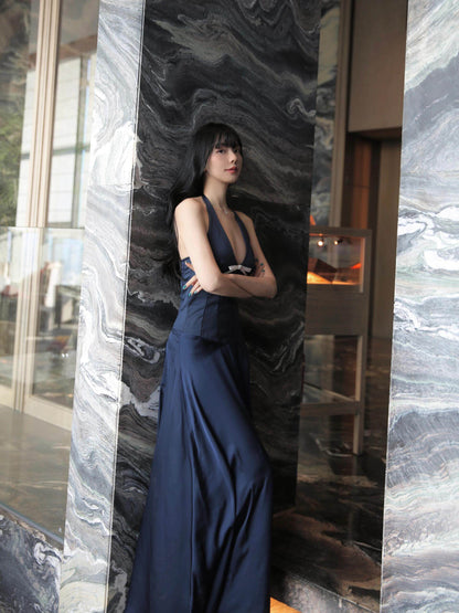 Halter Navy Blue Satin Prom Dress Sexy Birthday Dress  P767