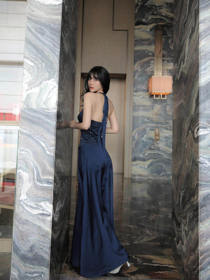 Halter Navy Blue Satin Prom Dress Sexy Birthday Dress  P767