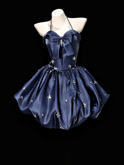 Halter Navy Blue Short Birthday Dress A Line Homecomming Dress  P811