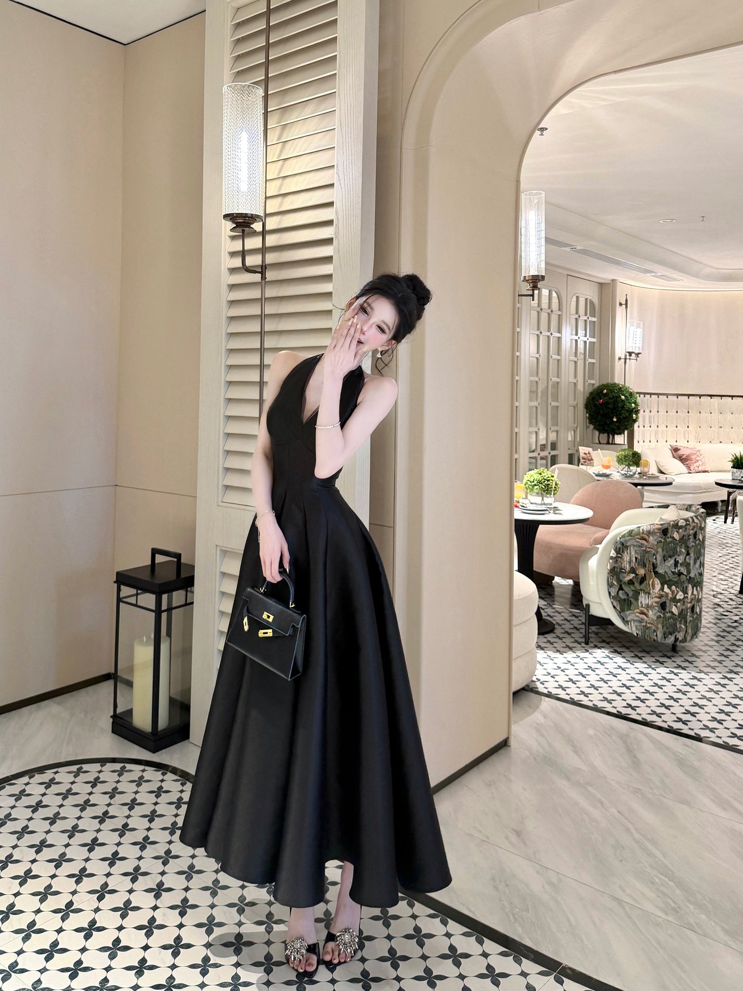 Halter Neck A Line Black Prom Dress Formal Evening Dress   P704