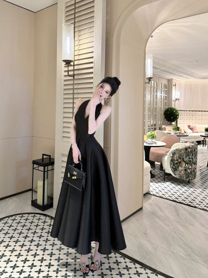 Halter Neck A Line Black Prom Dress Formal Evening Dress   P704
