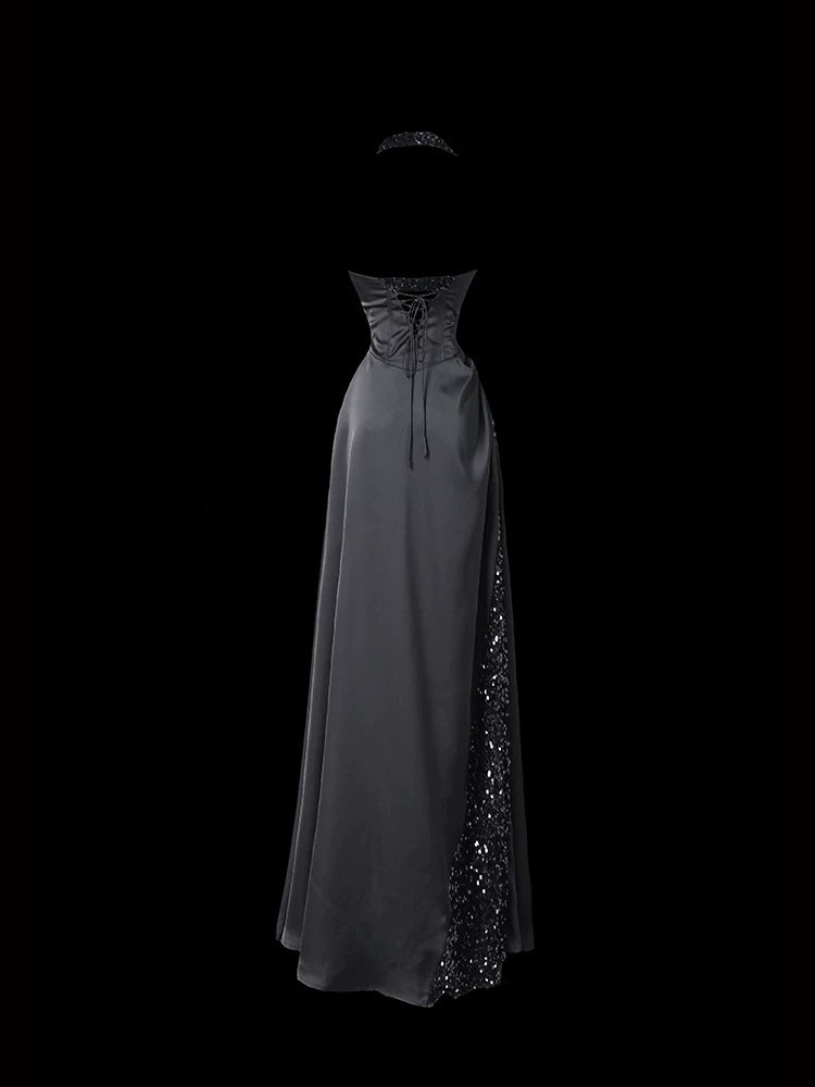 Halter Neck Black Satin Prom Dress A Line Formal Evening Dress  P688