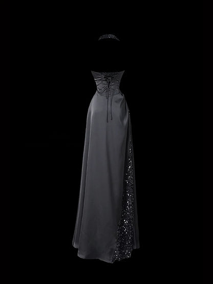 Halter Neck Black Satin Prom Dress A Line Formal Evening Dress  P688