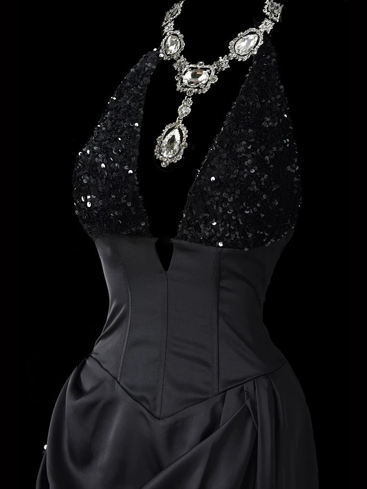 Halter Neck Black Satin Prom Dress A Line Formal Evening Dress  P688