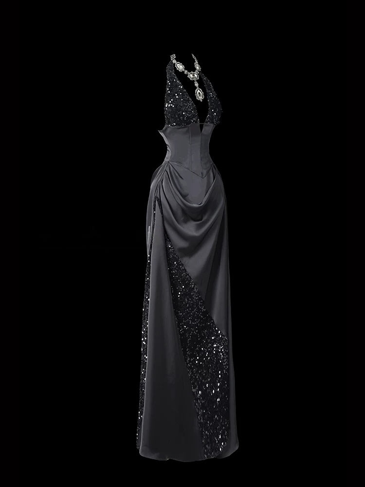 Halter Neck Black Satin Prom Dress A Line Formal Evening Dress  P688