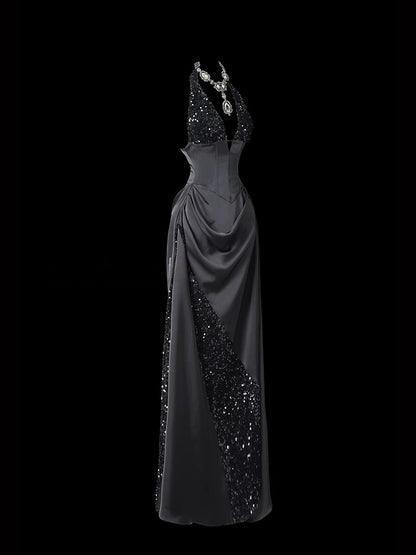 Halter Neck Black Satin Prom Dress A Line Formal Evening Dress  P688