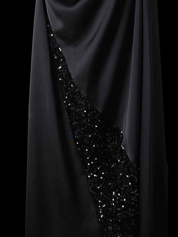 Halter Neck Black Satin Prom Dress A Line Formal Evening Dress  P688