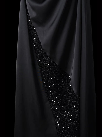 Halter Neck Black Satin Prom Dress A Line Formal Evening Dress  P688