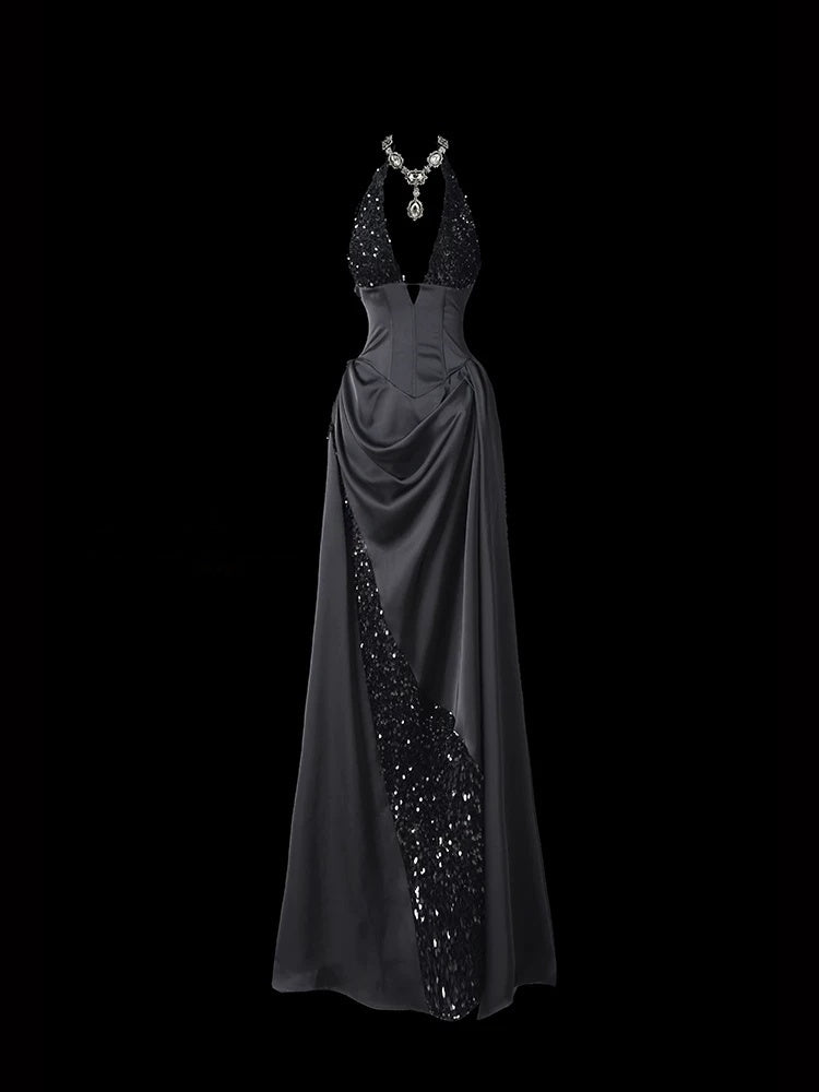 Halter Neck Black Satin Prom Dress A Line Formal Evening Dress  P688