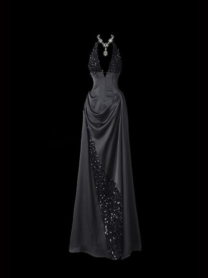 Halter Neck Black Satin Prom Dress A Line Formal Evening Dress  P688