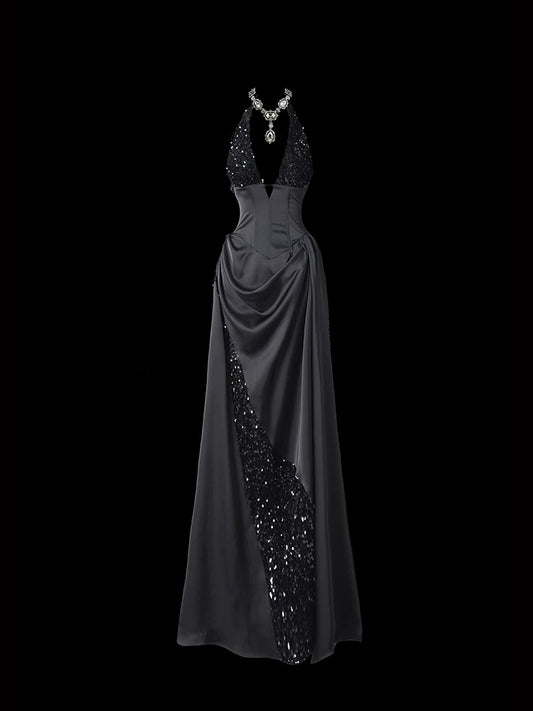 Halter Neck Black Satin Prom Dress A Line Formal Evening Dress  P688