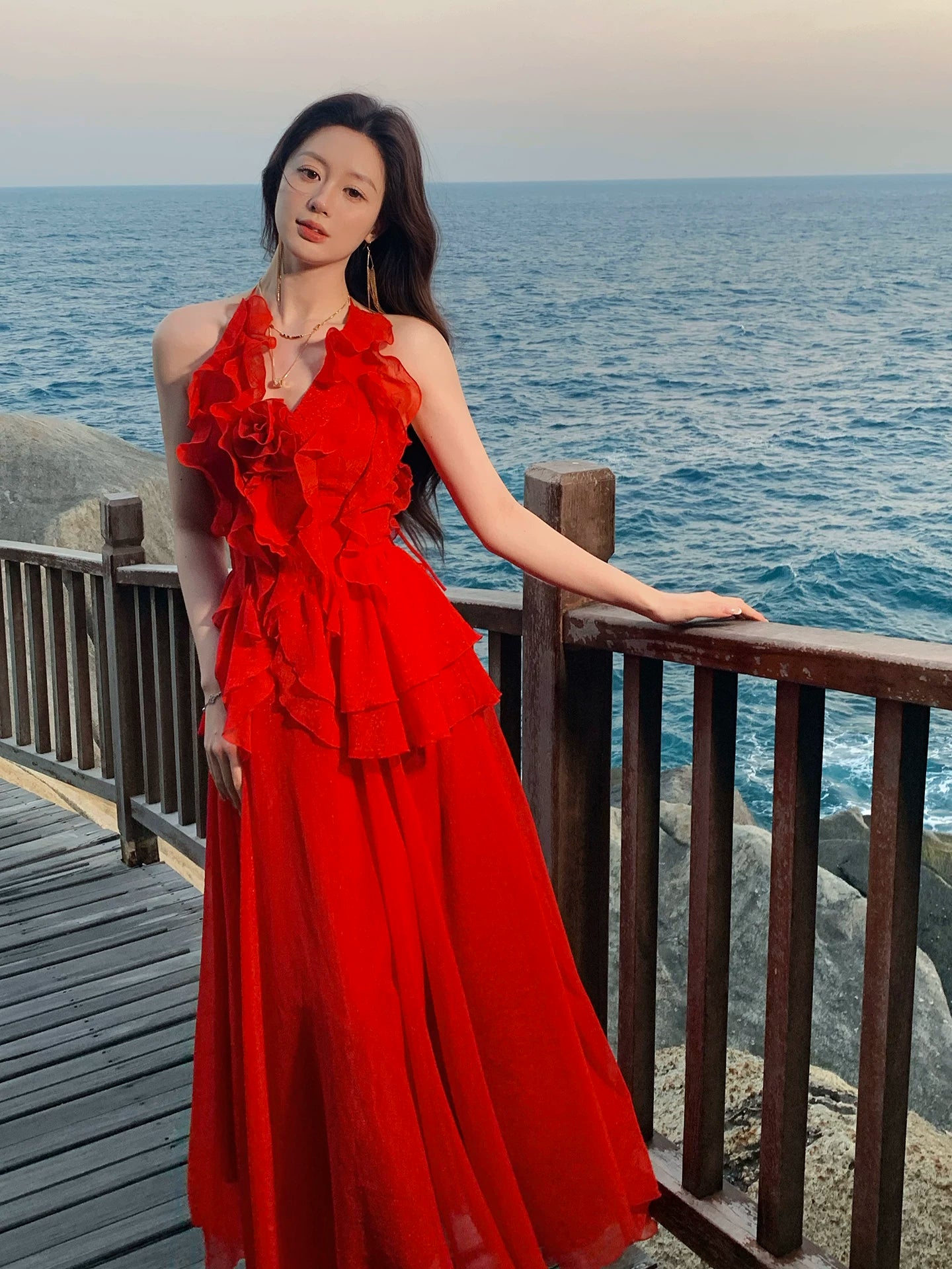 Halter Neck Red Ruffled Wedding Guest Dress Summer Dress  L144