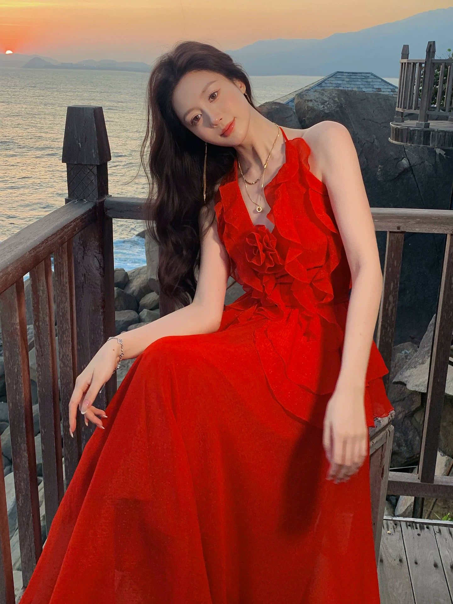 Halter Neck Red Ruffled Wedding Guest Dress Summer Dress  L144