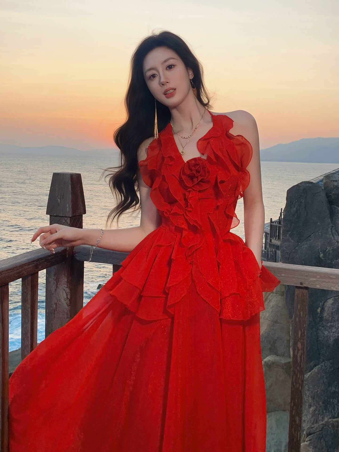 Halter Neck Red Ruffled Wedding Guest Dress Summer Dress  L144