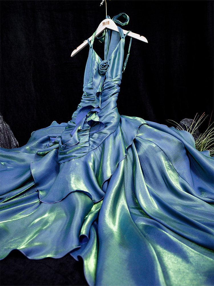 Halter Neck Ruffled Vintage Prom Dress Formal Party Dress  P778
