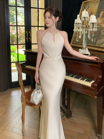 Halter Neck Satin Evening Dress Elegant Mermaid Birthday Dress  P1641