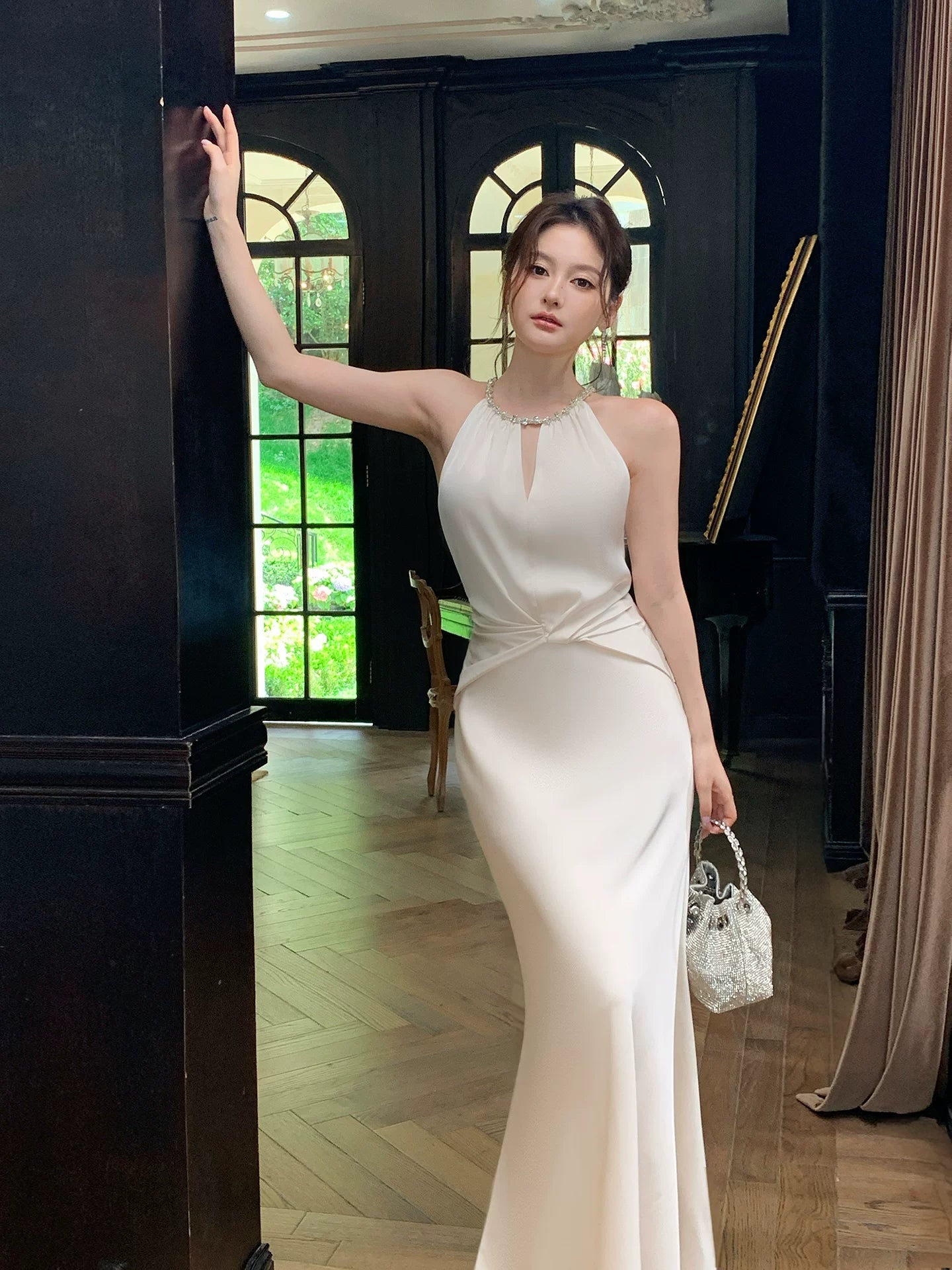 Halter Neck Satin Evening Dress Elegant Mermaid Birthday Dress  P1641