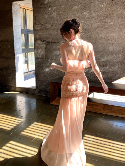 Halter Pink Chiffon Prom Dress Ruffled Wedding  Guest Dress  P1253