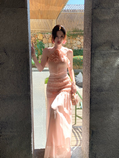 Halter Pink Chiffon Prom Dress Ruffled Wedding  Guest Dress  P1253