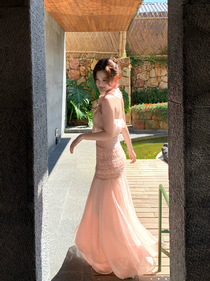 Halter Pink Chiffon Prom Dress Ruffled Wedding  Guest Dress  P1253