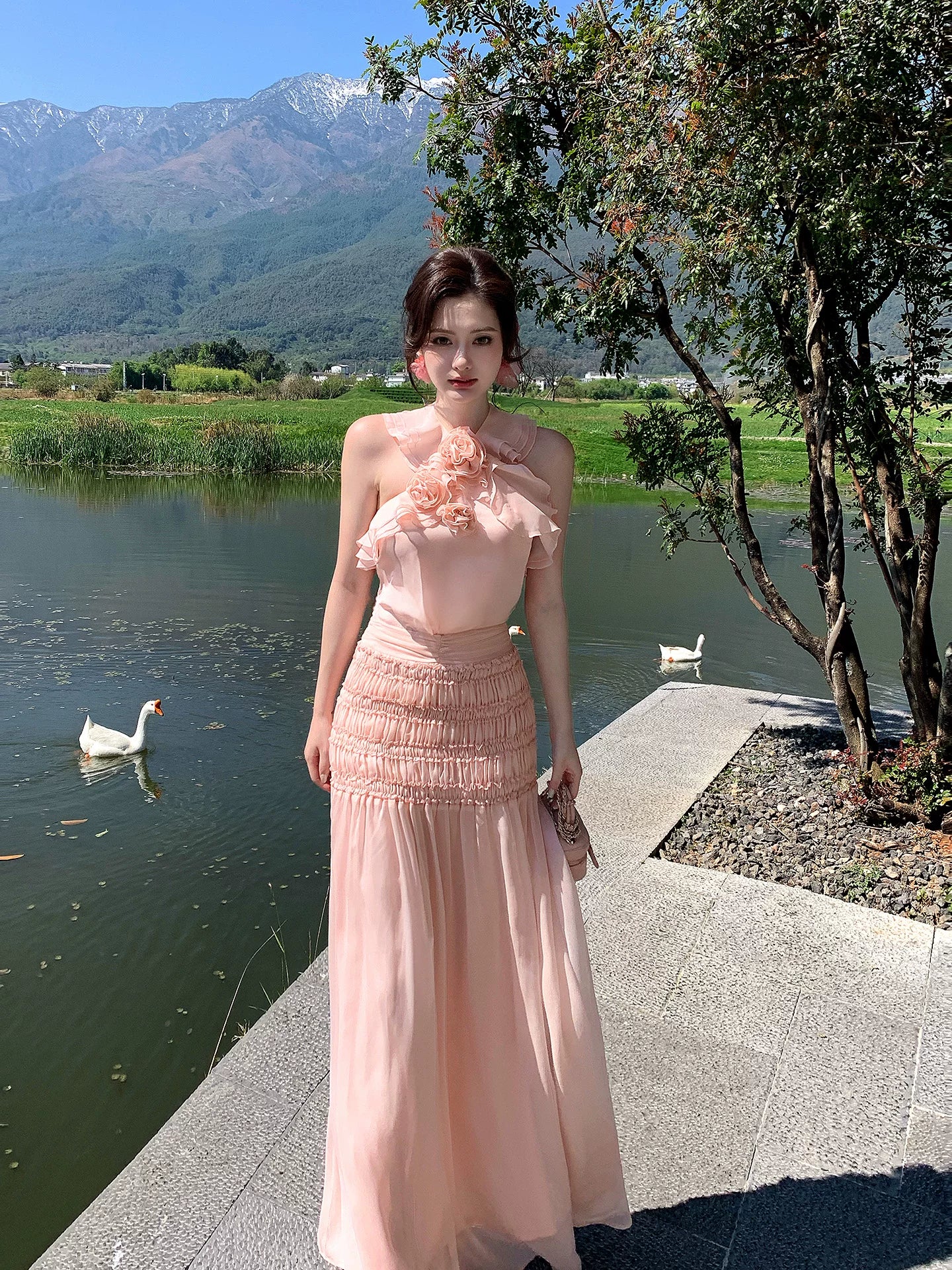 Halter Pink Chiffon Prom Dress Ruffled Wedding  Guest Dress  P1253