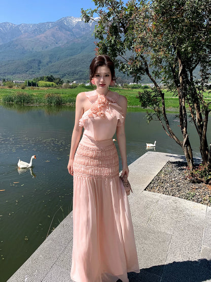 Halter Pink Chiffon Prom Dress Ruffled Wedding  Guest Dress  P1253