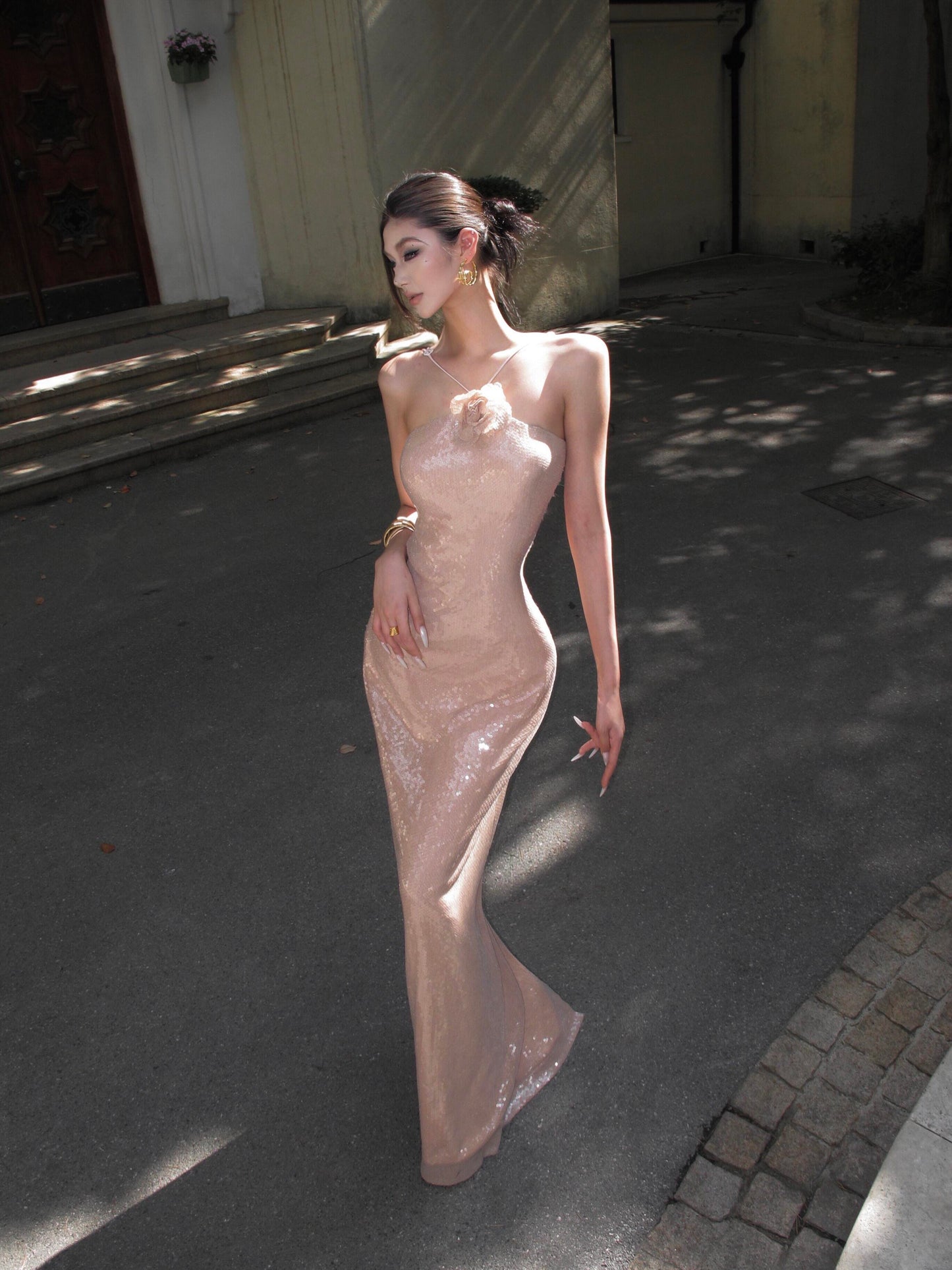 Halter Pink Sequin Sheath Prom Dress Sexy Formal Evening Dress  P763