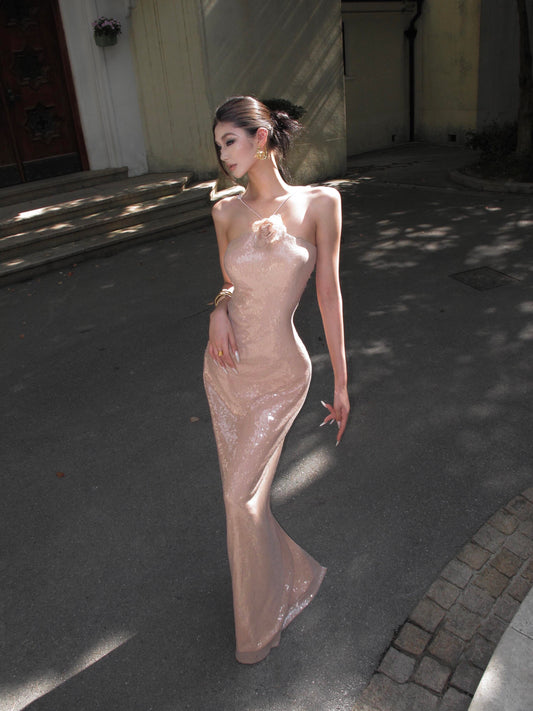 Halter Pink Sequin Sheath Prom Dress Sexy Formal Evening Dress  P763