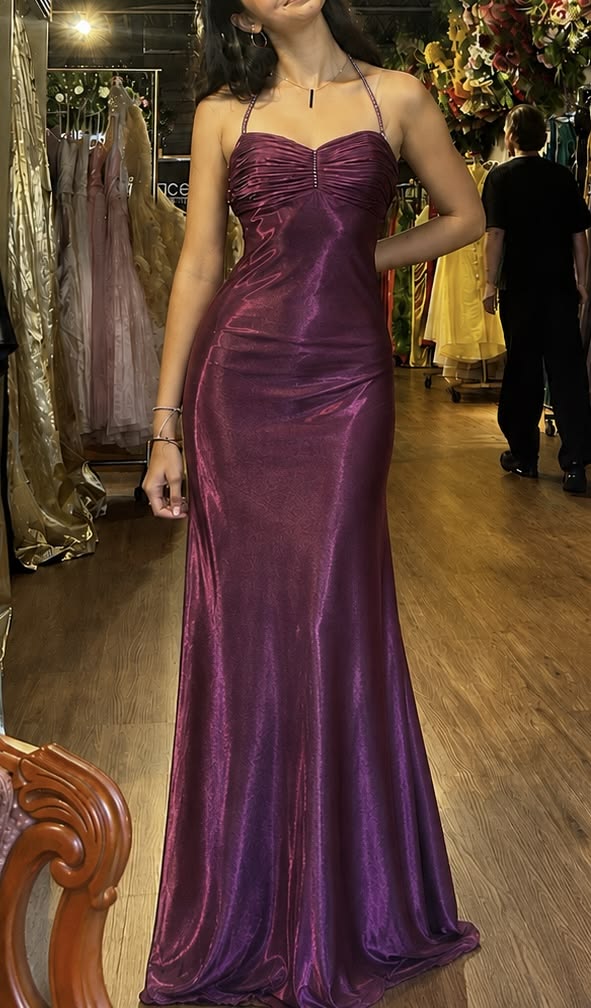 Halter Purple Satin Formal Prom Dress Retro Evening Dress  P2126