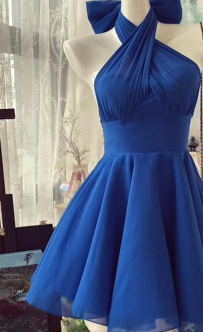 Halter Royal Blue Chiffon Homecoming Dress  P1476