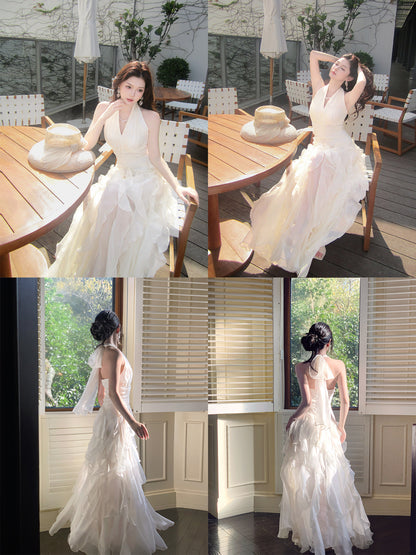 Halter Ruffled A Line Fairy Dress Mesh Holiday Dress  P677