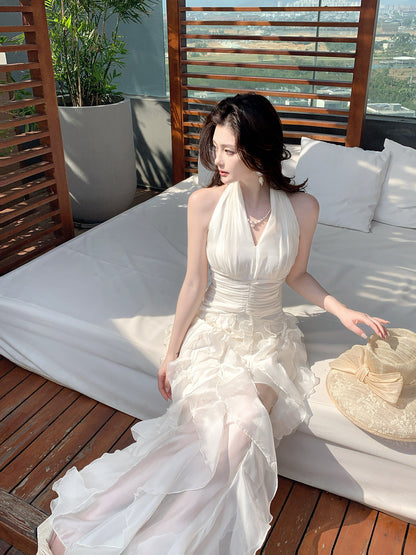 Halter Ruffled A Line Fairy Dress Mesh Holiday Dress  P677