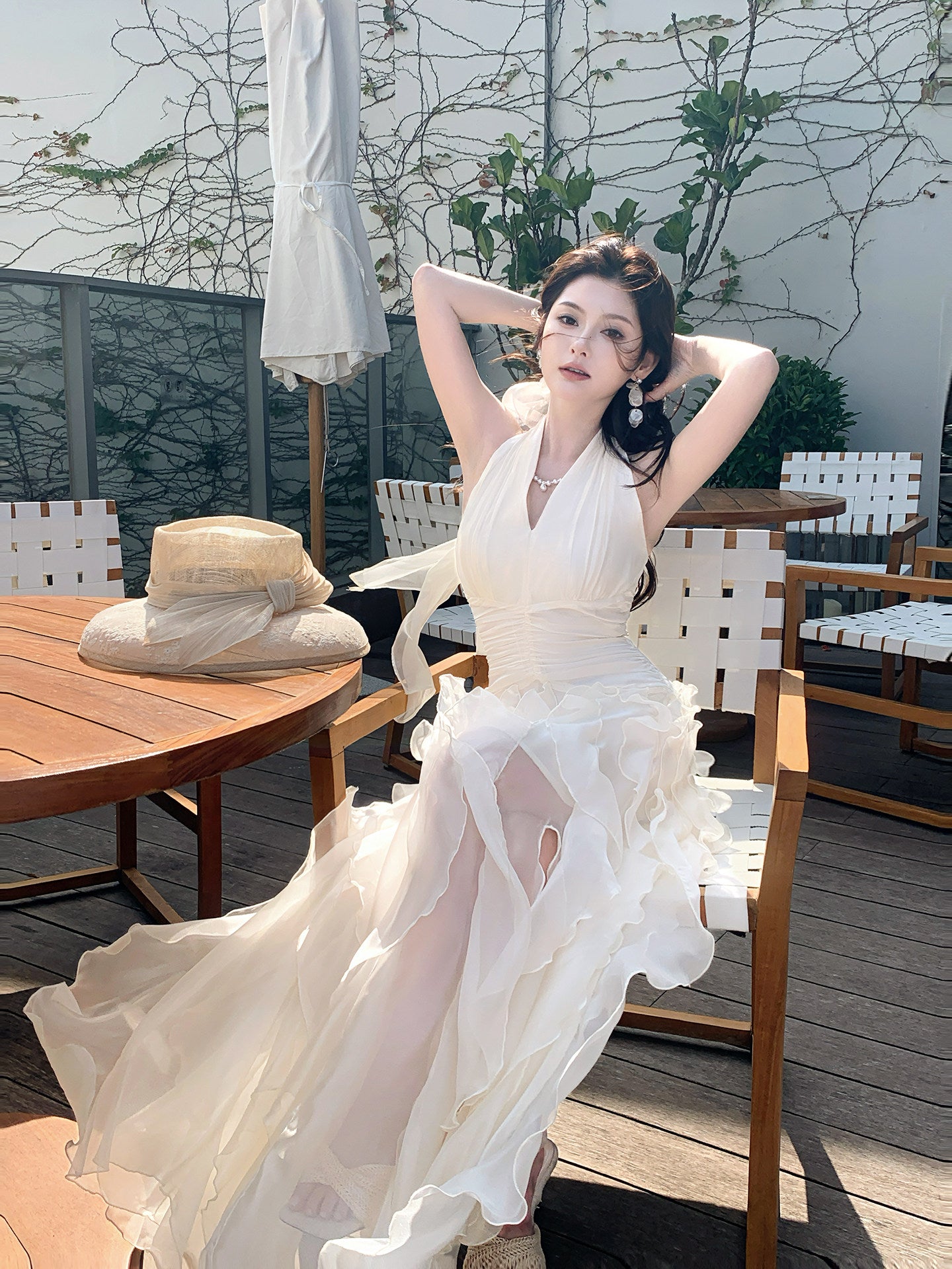 Halter Ruffled A Line Fairy Dress Mesh Holiday Dress  P677