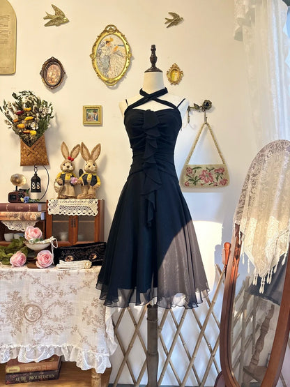Halter Ruffled Black Evening Dress Homecoming Dress   P2142