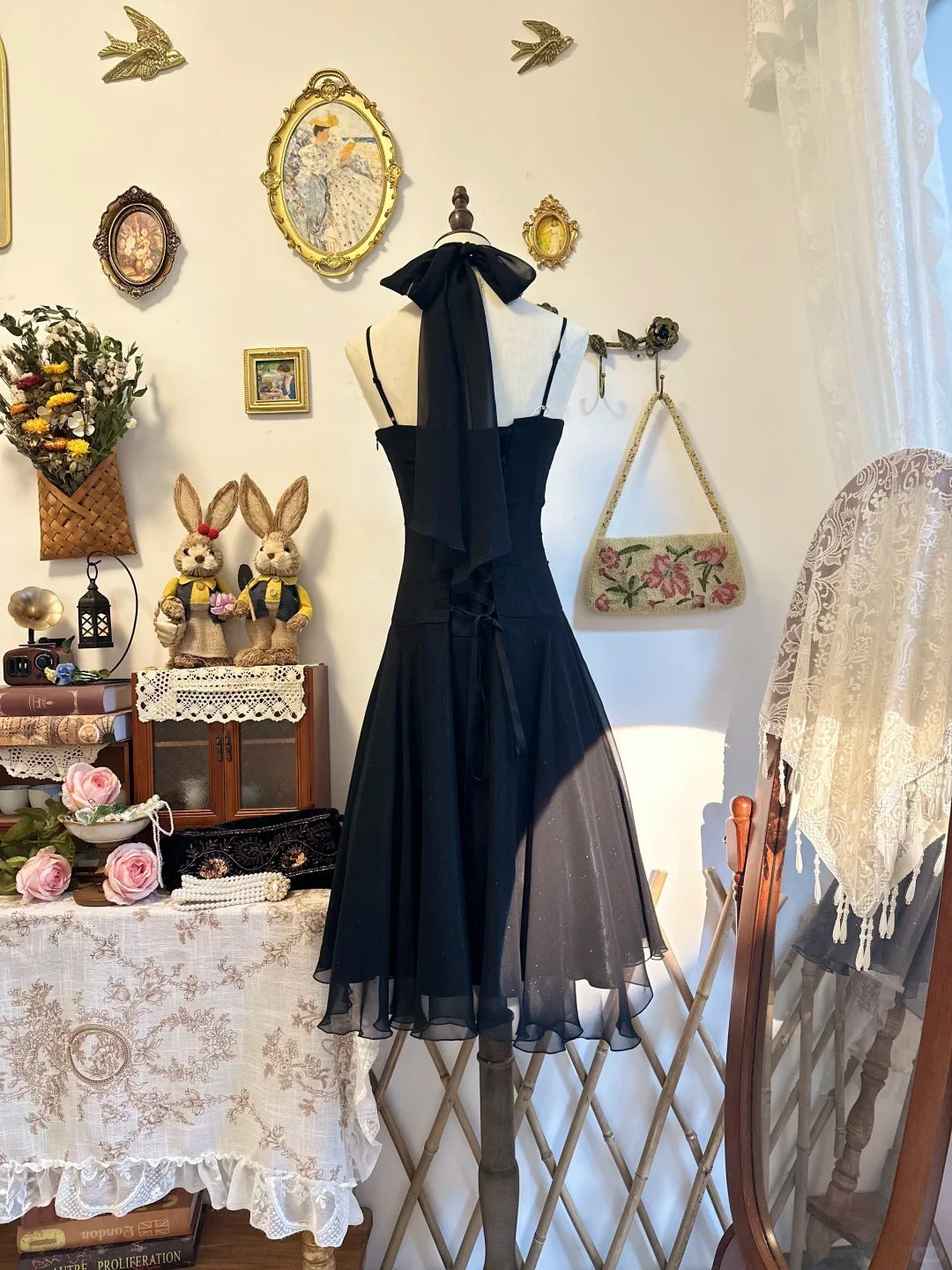 Halter Ruffled Black Evening Dress Homecoming Dress   P2142