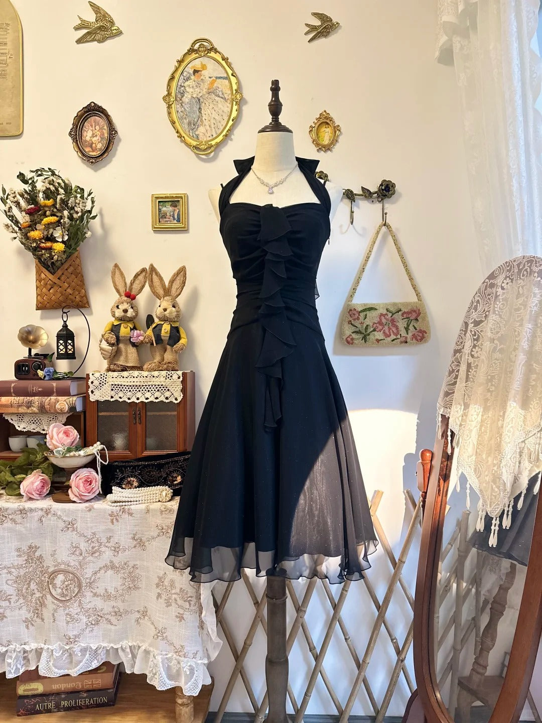 Halter Ruffled Black Evening Dress Homecoming Dress   P2142