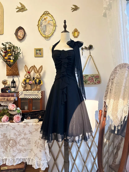 Halter Ruffled Black Evening Dress Homecoming Dress   P2142
