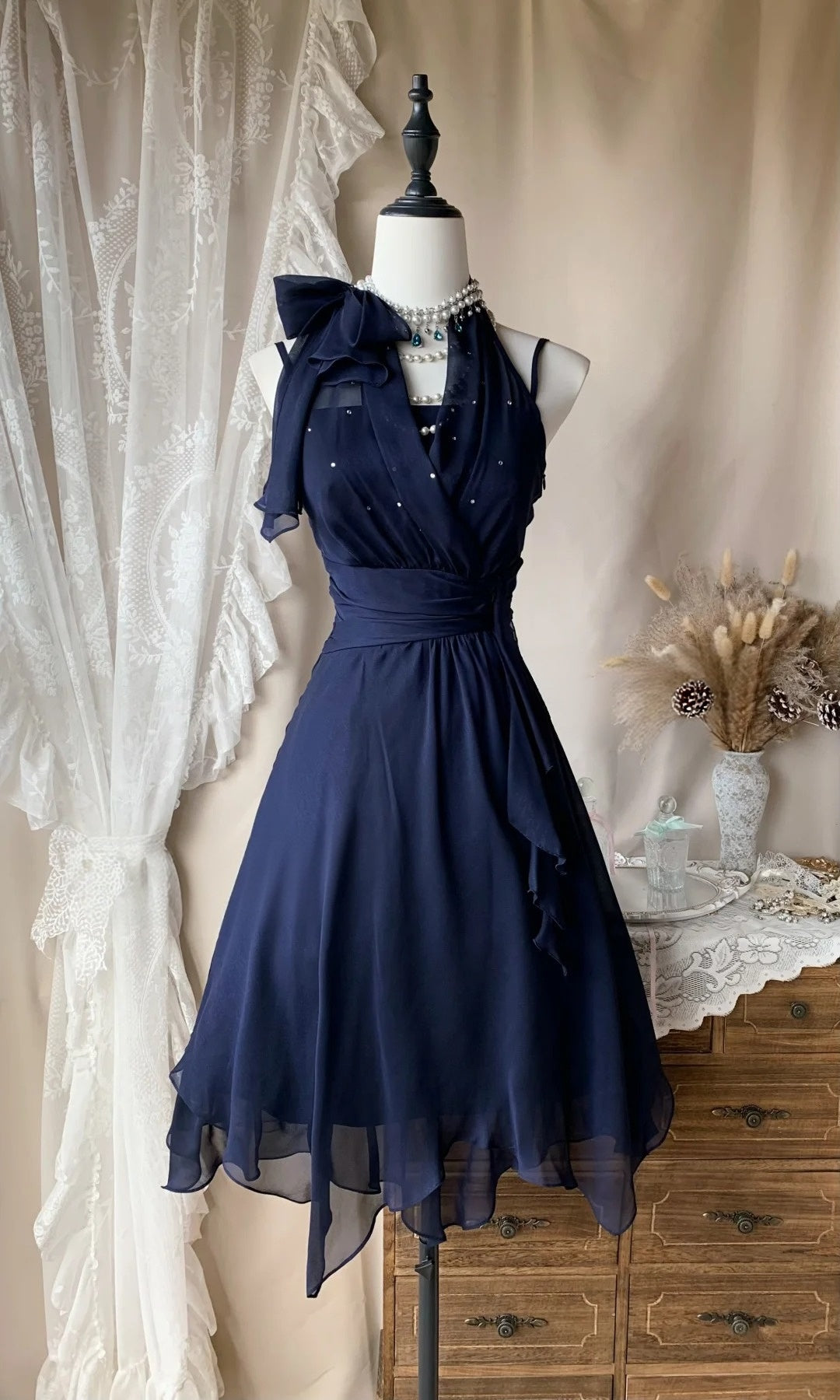 Halter Ruffled Navy Blue Chiffon A Line Homecoming Dress  P1892