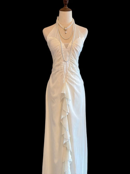 Halter Sheath Ruffled Wedding Dress Chiffon Birthday Dress  P1673