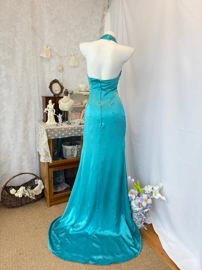 Halter Sheath Satin Prom Dress Retro Evening Gown  P1509